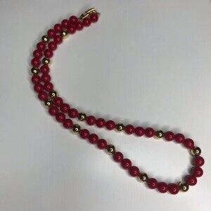 Napier Necklace Vintage Signed Red Beaded Goldtone  Holiday